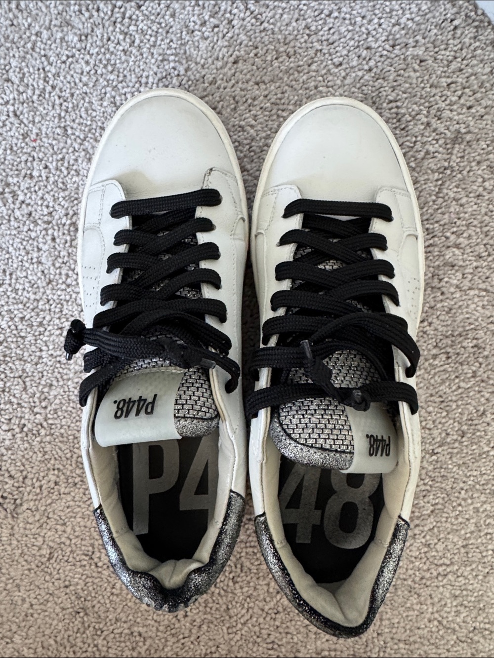 P448 White Leather Sneakers with Black Laces and Snake-Print Heel - Size 39 - Picture 7 of 10